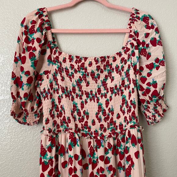 Betsey Johnson Dress Womens Large Pink Strawberry Fruit Print Maxi Cottagecore - Picture 4 of 12